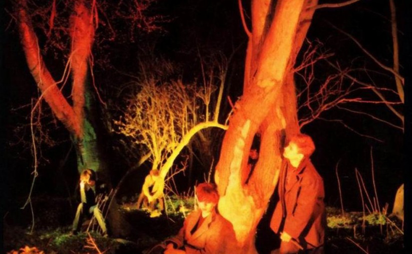 The band sitting by some trees with sunburst lighting